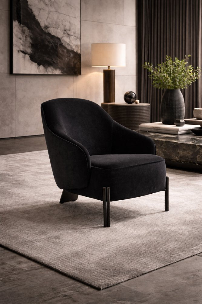 28" Black Velvet and Metal Lounge Chair