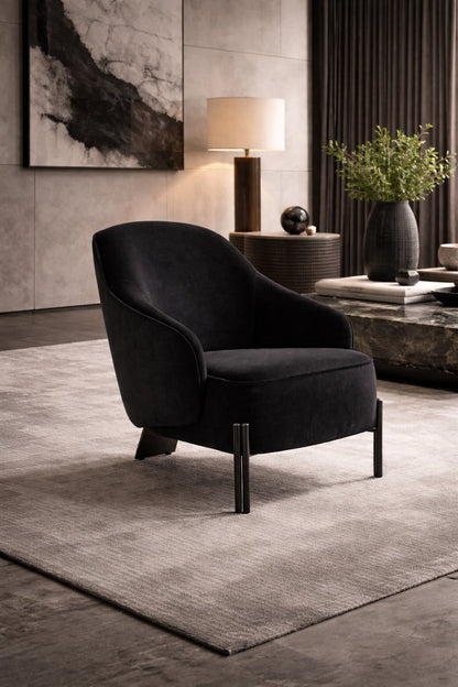 28" Black Velvet and Metal Lounge Chair