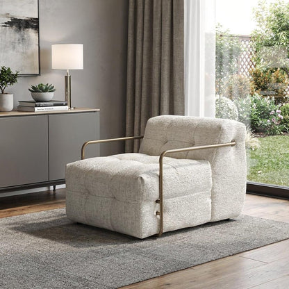 32" Beige and Gold Chenille and Metal Lounge Chair