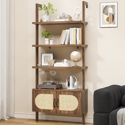 72" Light Brown Wood Adjustable Four Tier Etagere Bookcase with Two Doors