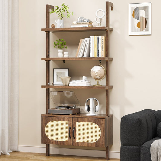 72" Light Brown Wood Adjustable Four Tier Etagere Bookcase with Two Doors