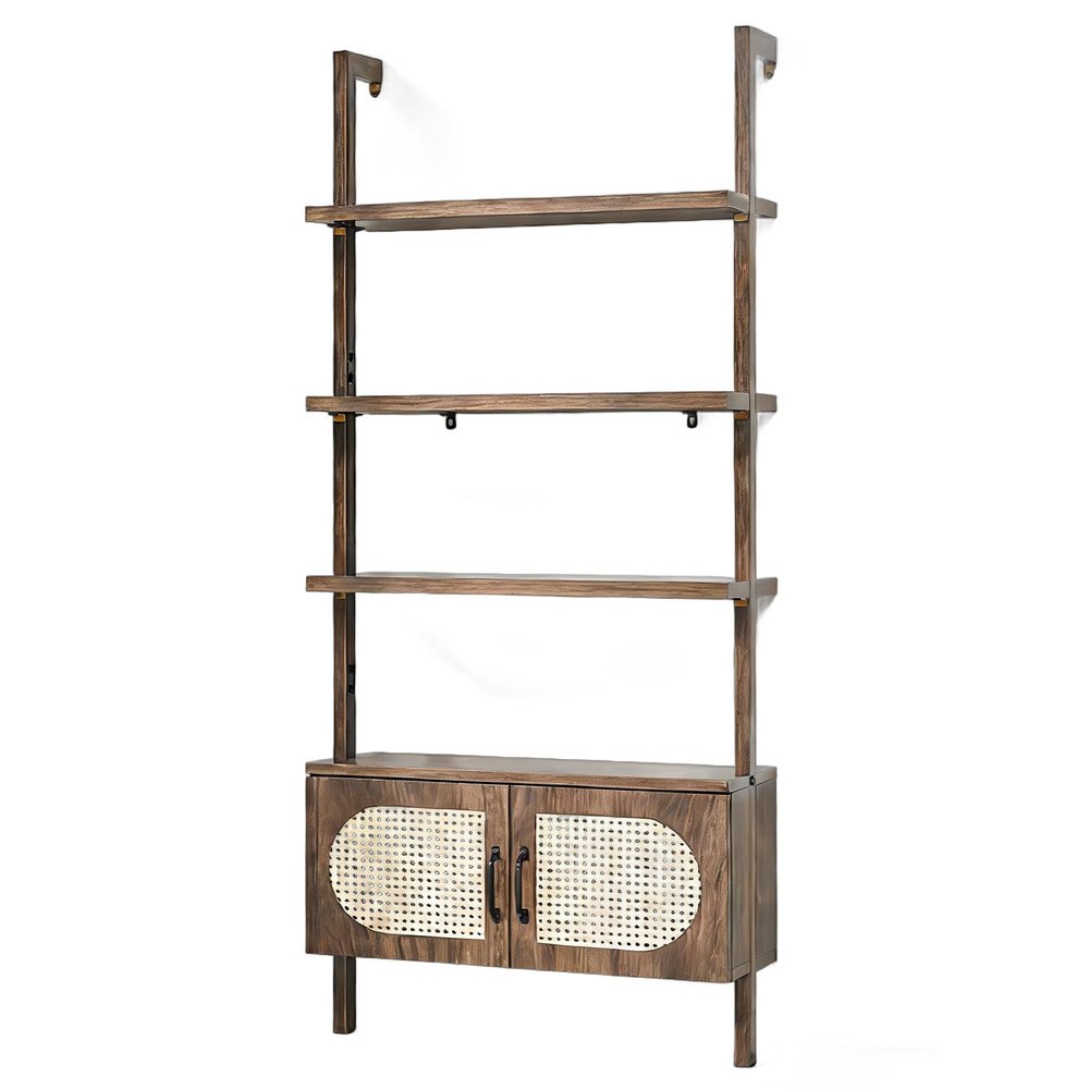 72" Light Brown Wood Adjustable Four Tier Etagere Bookcase with Two Doors