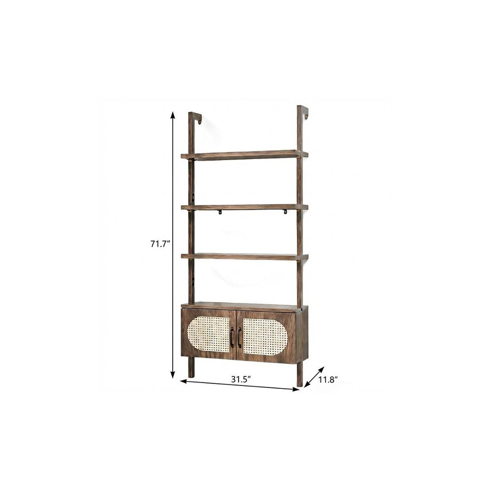 72" Light Brown Wood Adjustable Four Tier Etagere Bookcase with Two Doors