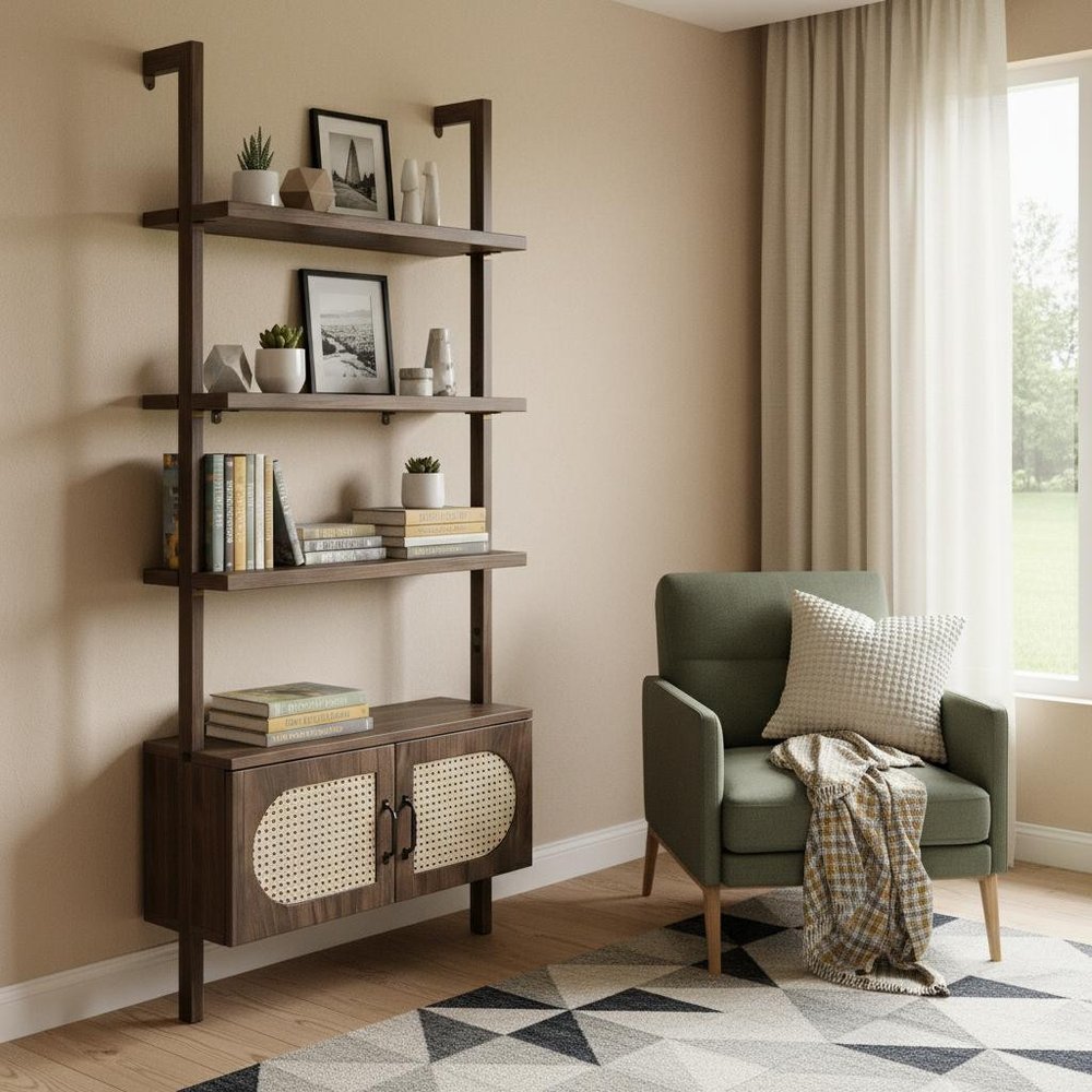 72" Light Brown Wood Adjustable Four Tier Etagere Bookcase with Two Doors