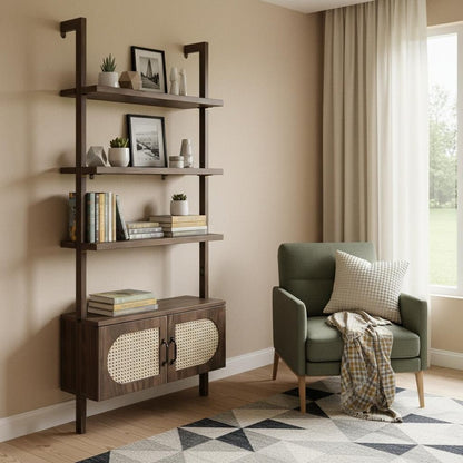 72" Light Brown Wood Adjustable Four Tier Etagere Bookcase with Two Doors