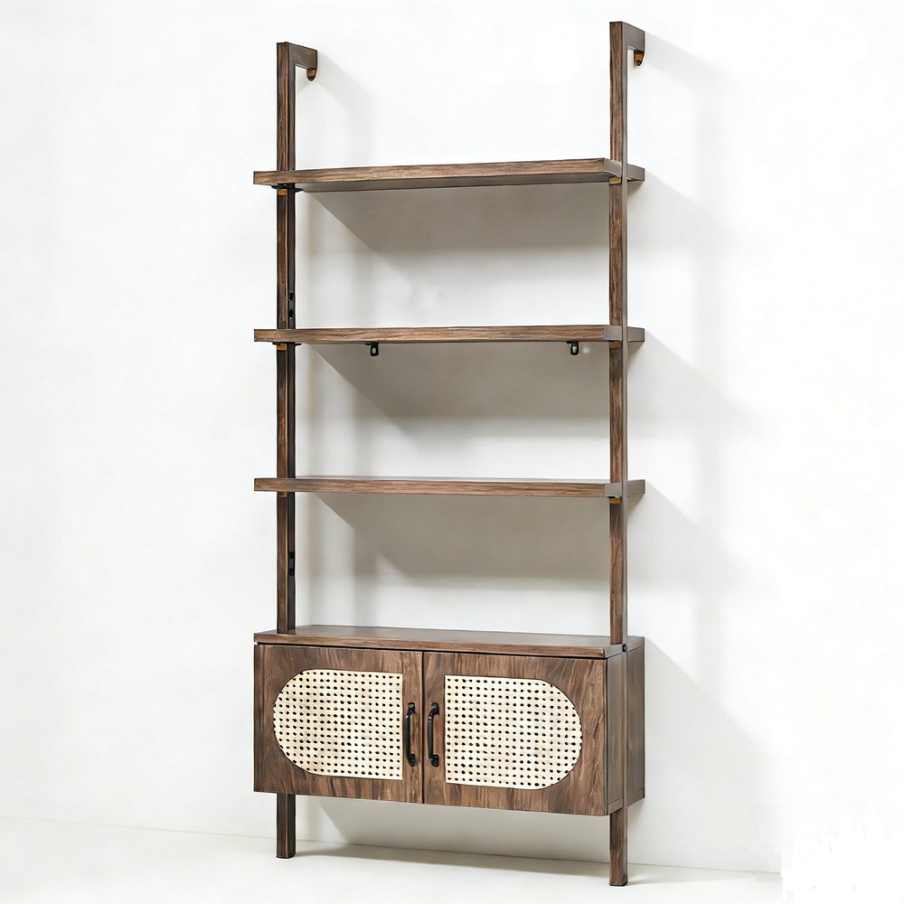 72" Light Brown Wood Adjustable Four Tier Etagere Bookcase with Two Doors