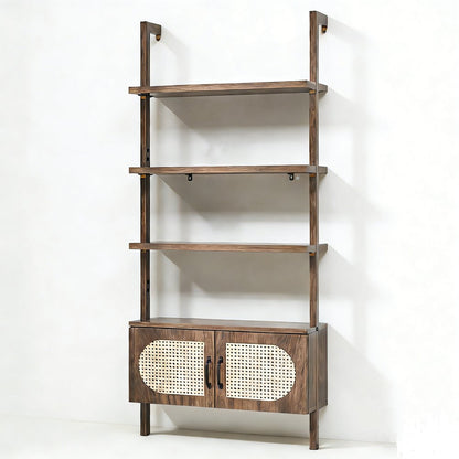 72" Light Brown Wood Adjustable Four Tier Etagere Bookcase with Two Doors