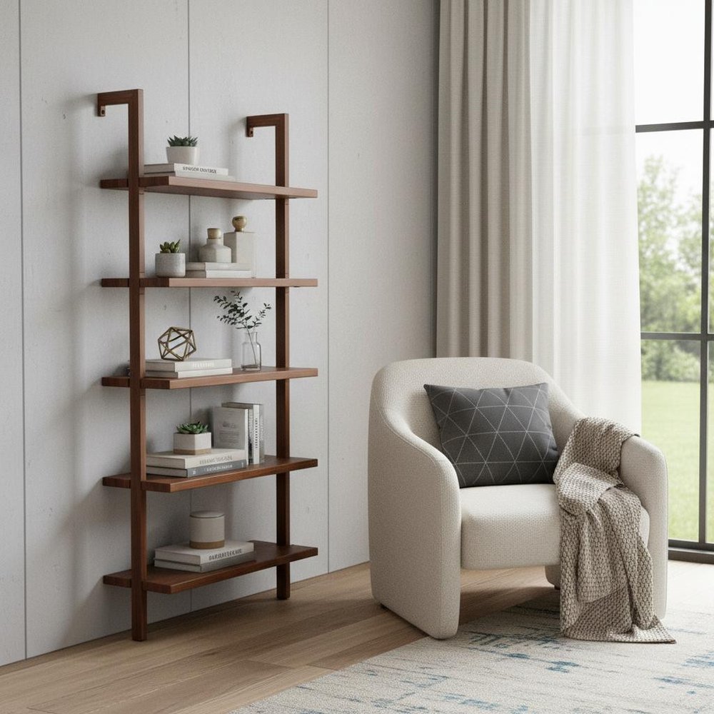 71" Light Brown Wood Adjustable Five Tier Etagere Bookcase