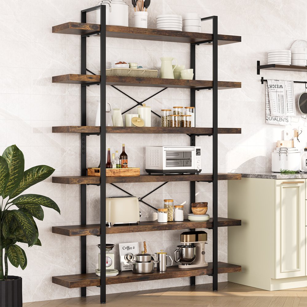 80" Brown Wood Six Tier Etagere Bookcase