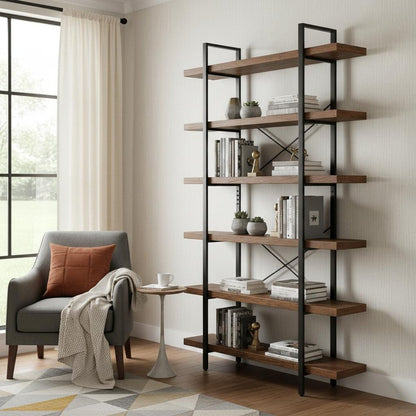 80" Brown Wood Six Tier Etagere Bookcase