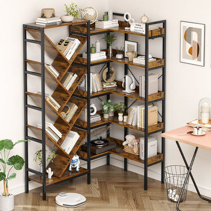 69" Brown And Black Wood And Metal Ten Tier Corner Bookcase