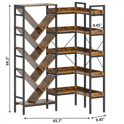 69" Brown And Black Wood And Metal Ten Tier Corner Bookcase