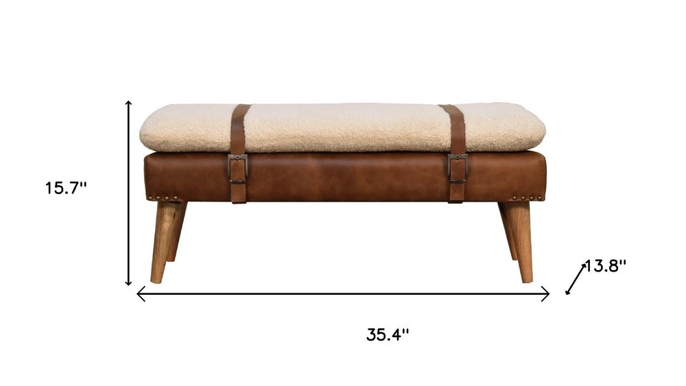 35" Brown Boucle And Genuine Leather and Solid Wood Upholstered Bench