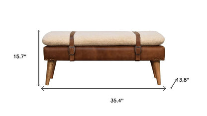 35" Brown Boucle And Genuine Leather and Solid Wood Upholstered Bench