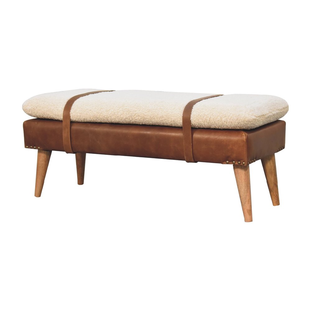 35" Brown Boucle And Genuine Leather and Solid Wood Upholstered Bench