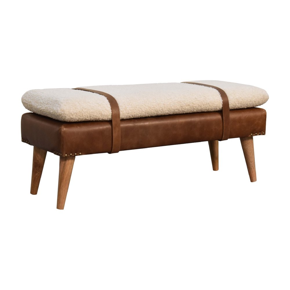 35" Brown Boucle And Genuine Leather and Solid Wood Upholstered Bench
