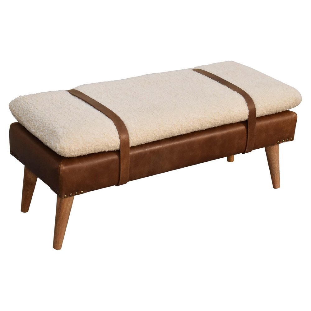 35" Brown Boucle And Genuine Leather and Solid Wood Upholstered Bench