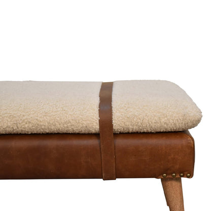 35" Brown Boucle And Genuine Leather and Solid Wood Upholstered Bench