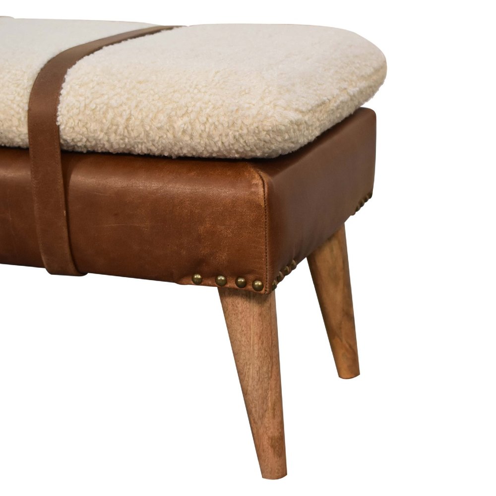 35" Brown Boucle And Genuine Leather and Solid Wood Upholstered Bench