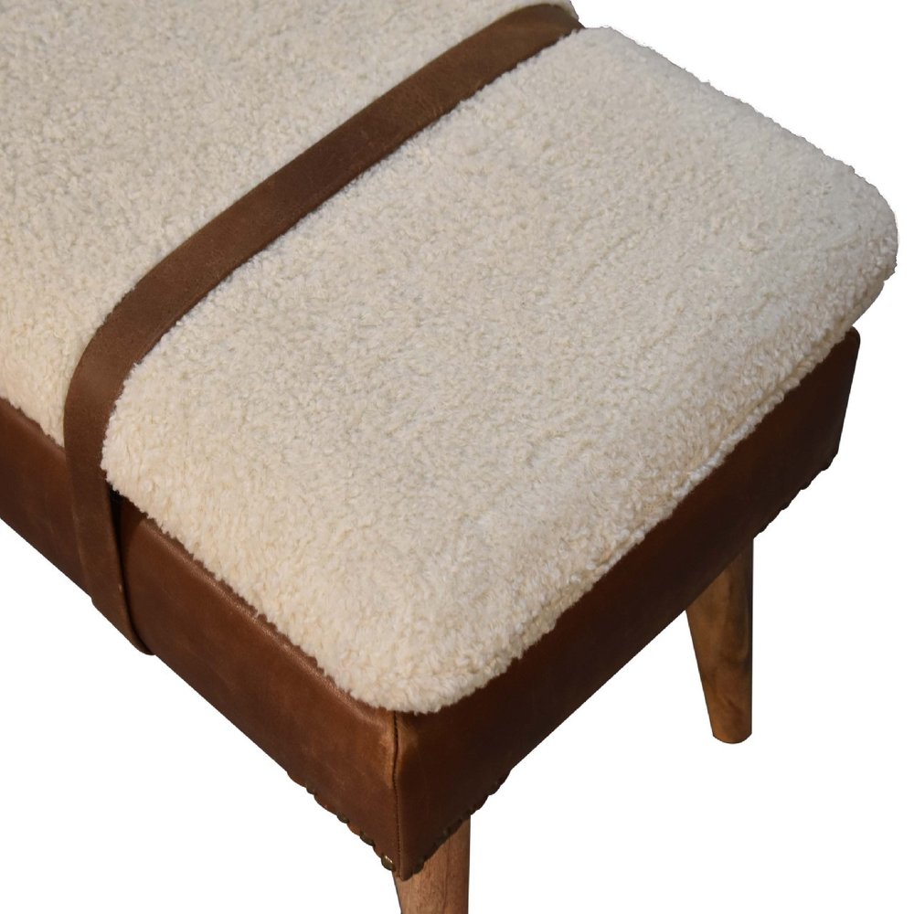 35" Brown Boucle And Genuine Leather and Solid Wood Upholstered Bench
