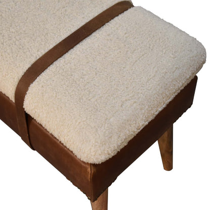 35" Brown Boucle And Genuine Leather and Solid Wood Upholstered Bench