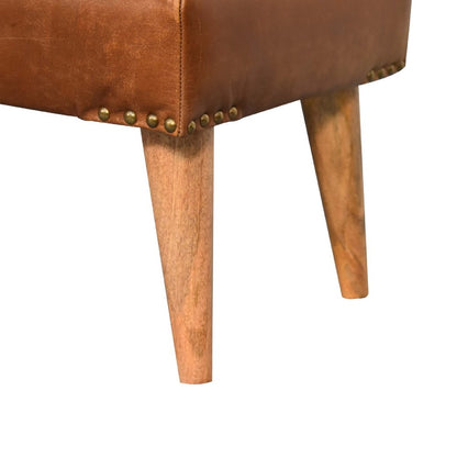 35" Brown Boucle And Genuine Leather and Solid Wood Upholstered Bench