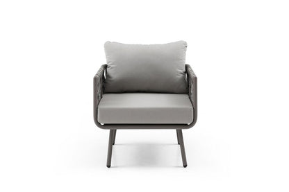 Four Piece Gray and Taupe Metal Upholstered Cushions Sofa Seating Group With Table
