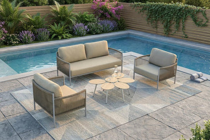 Four Piece Light Gray and Taupe Metal Upholstered Cushions Sofa Seating Group With Table