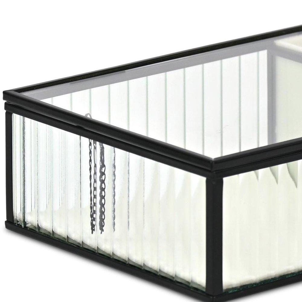 10" Black Glass Two Section Jewelry Box With Metal Accents