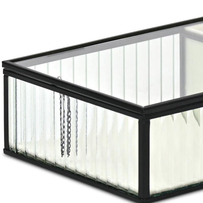 10" Black Glass Two Section Jewelry Box With Metal Accents