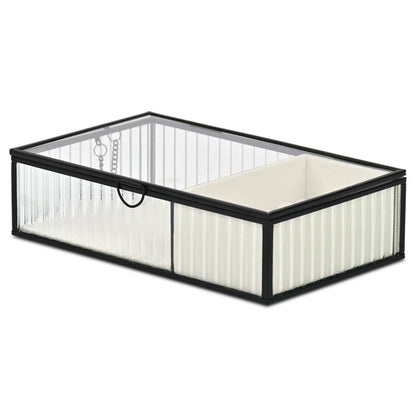 10" Black Glass Two Section Jewelry Box With Metal Accents