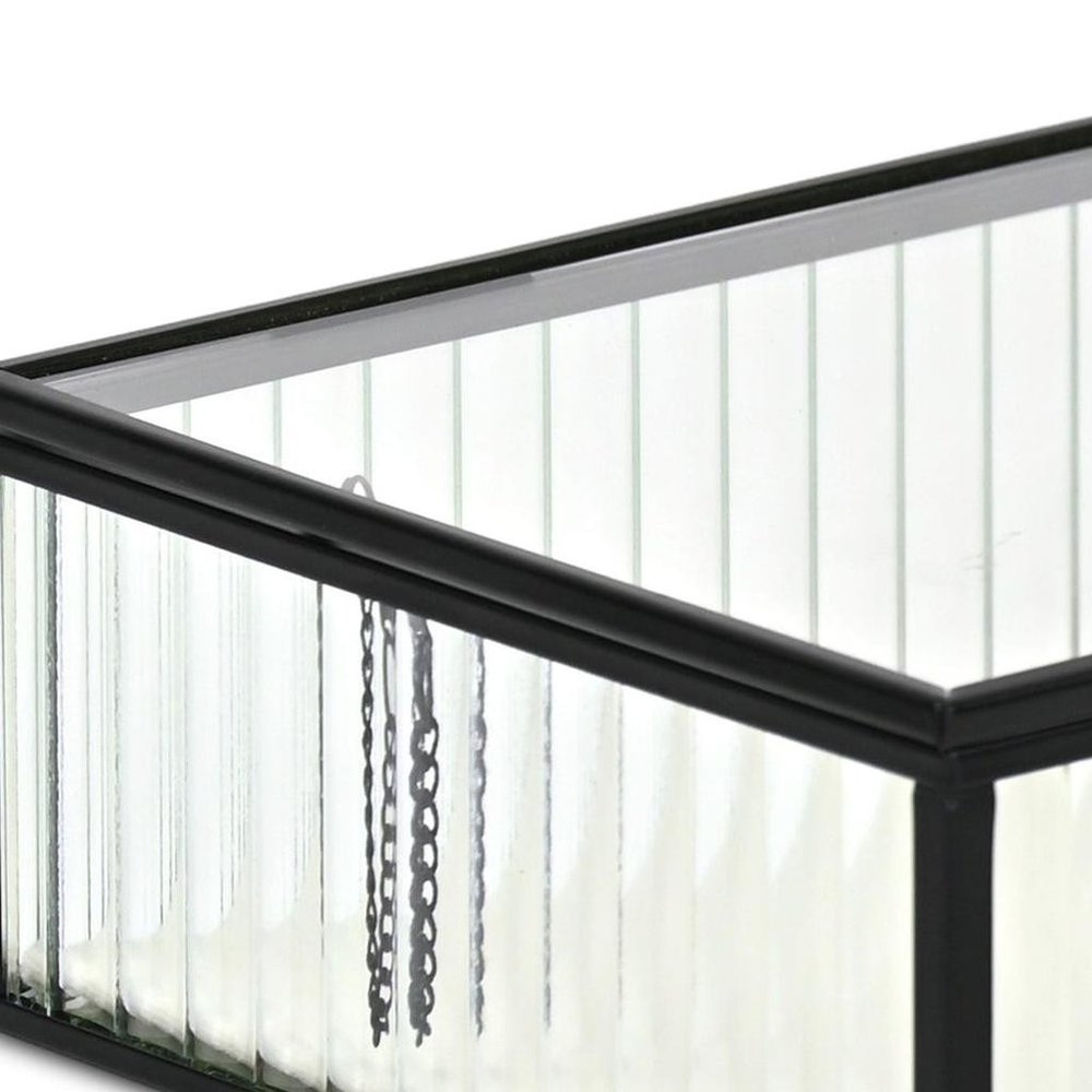 10" Black Glass Two Section Jewelry Box With Metal Accents
