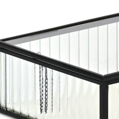 10" Black Glass Two Section Jewelry Box With Metal Accents