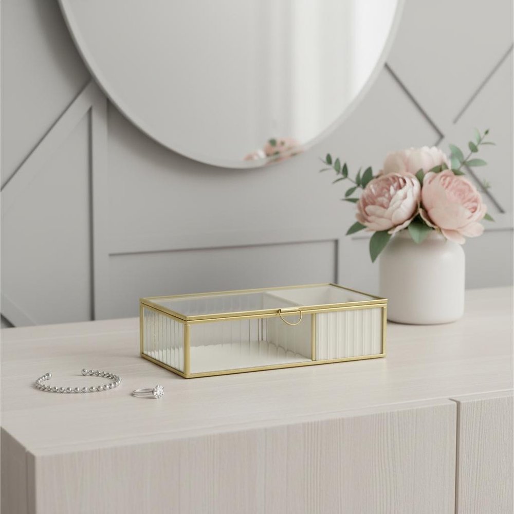 10" Gold Glass Two Section Jewelry Box With Metal Accents