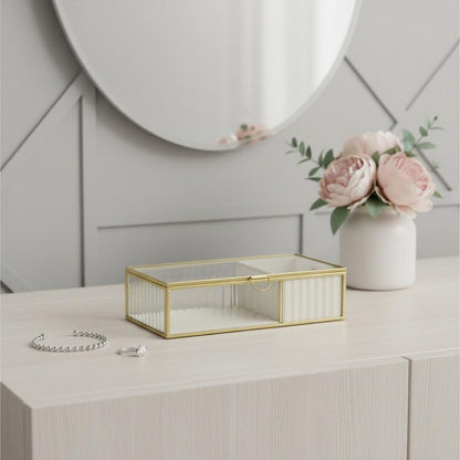 10" Gold Glass Two Section Jewelry Box With Metal Accents