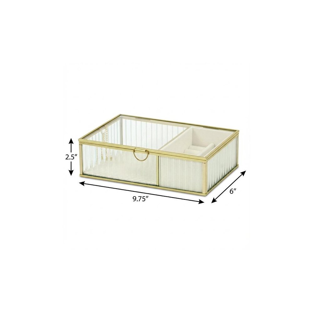 10" Gold Glass Two Section Jewelry Box With Metal Accents
