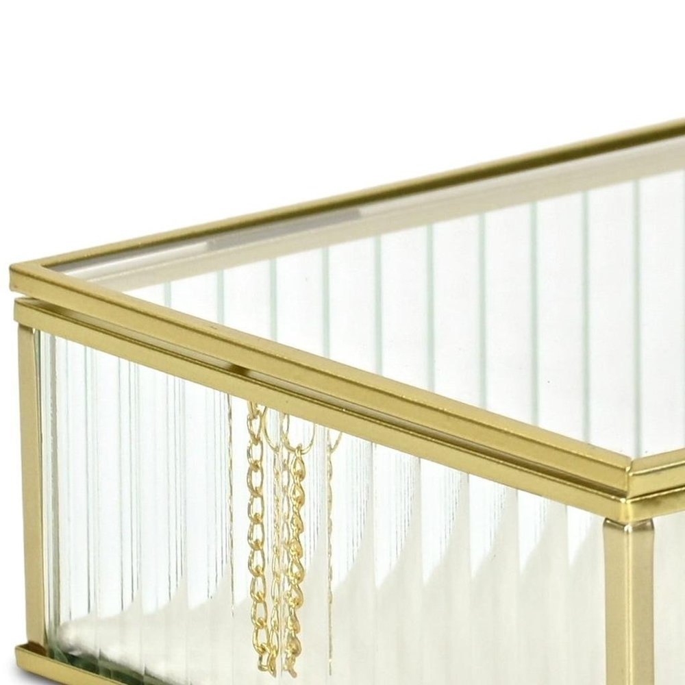 10" Gold Glass Two Section Jewelry Box With Metal Accents