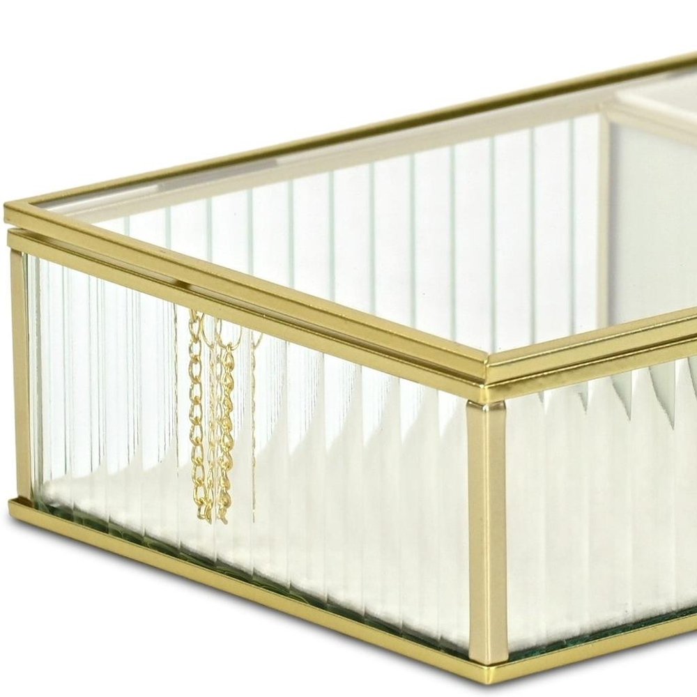 10" Gold Glass Two Section Jewelry Box With Metal Accents
