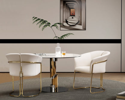 Beige and Gold Faux Leather and Metal Partially Open Back Dining Arm Chair