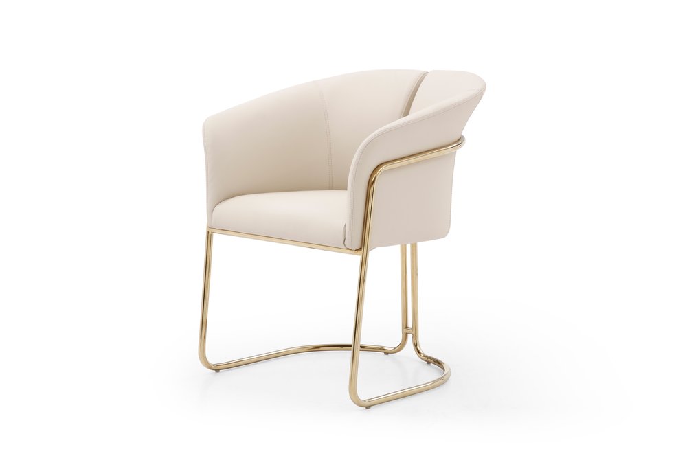 Beige and Gold Faux Leather and Metal Partially Open Back Dining Arm Chair