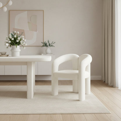 White Boucle Partially Open Back Dining Arm Chair