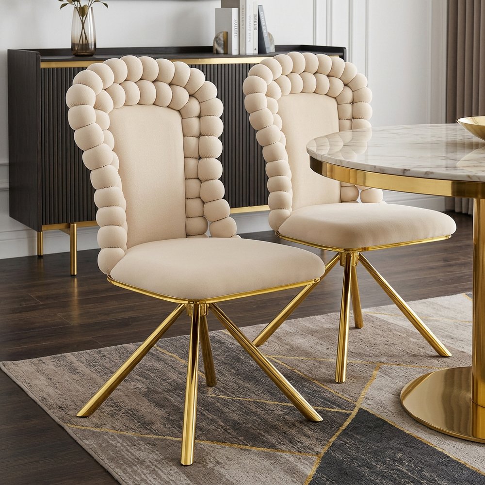 Set of Two Beige and Gold Velvet Dining Side Chairs
