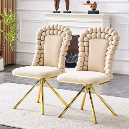 Set of Two Beige and Gold Velvet Dining Side Chairs