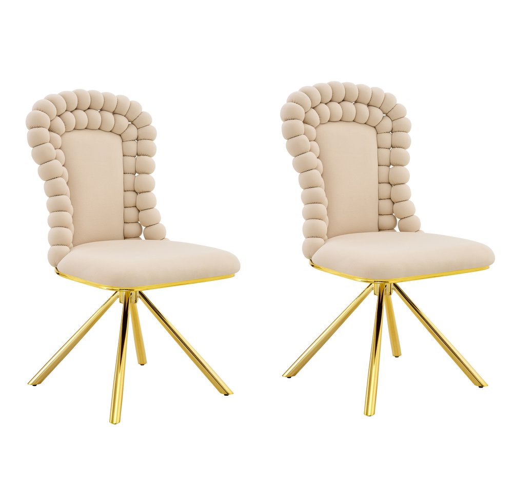 Set of Two Beige and Gold Velvet Dining Side Chairs