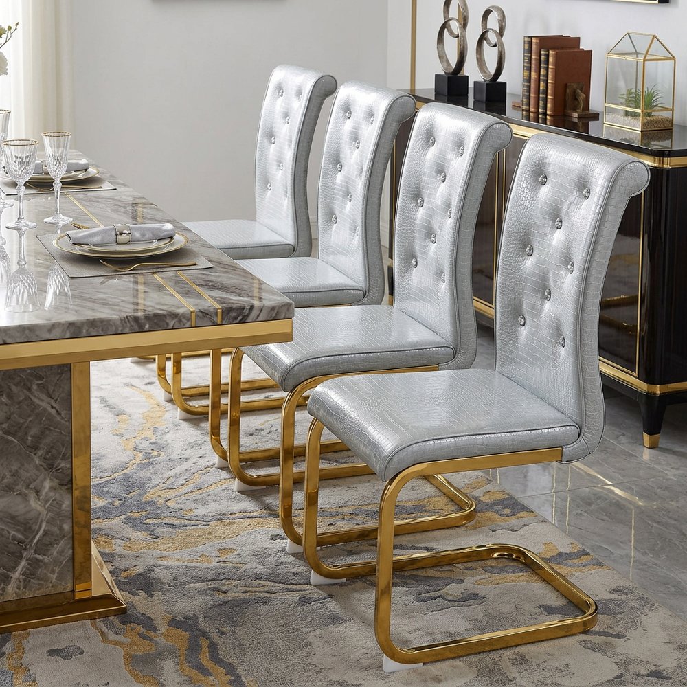 Set of Four Gray and Gold Faux Leather Dining Side Chairs
