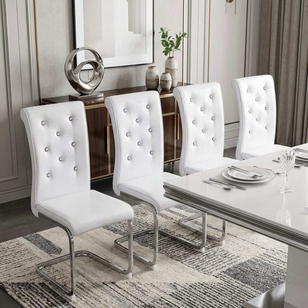 Set of Four White and Silver Faux Leather Dining Side Chairs