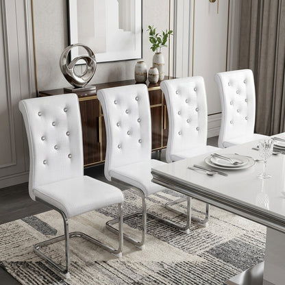 Set of Four White and Silver Faux Leather Dining Side Chairs
