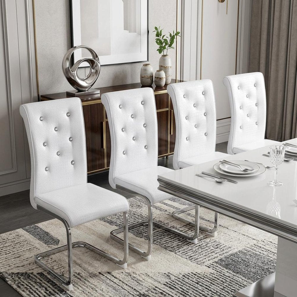 Set of Four White and Silver Faux Leather Dining Side Chairs