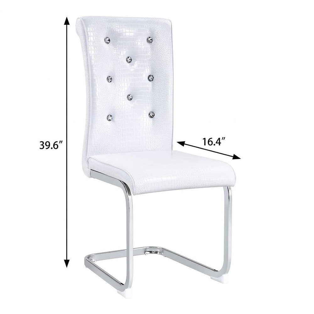 Set of Four White and Silver Faux Leather Dining Side Chairs