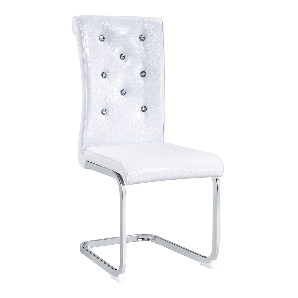 Set of Four White and Silver Faux Leather Dining Side Chairs